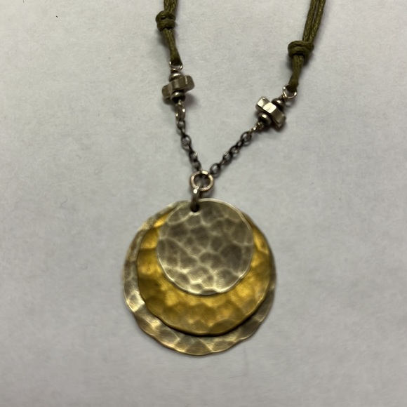 Sterling silver and brass metal pendant on olive green two-strand cord n… - Picture 2 of 5